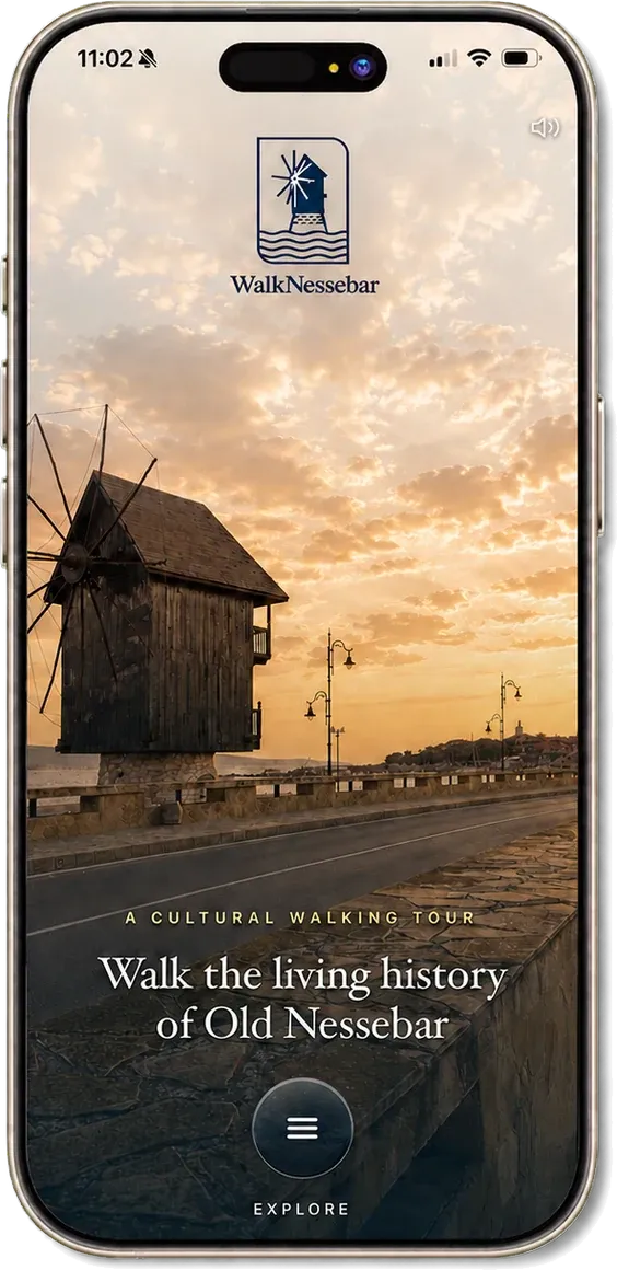 The WalkNessebar home screen at sunrise, showing the old windmill of Nessebar