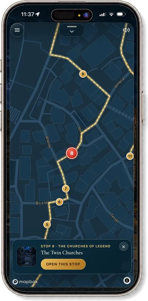 The WalkNessebar map view, showing the route and the walker’s position along it